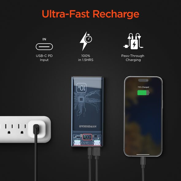 HyperGear ClearCharge 10,000mAh Transparent Power Bank USB & USB-C