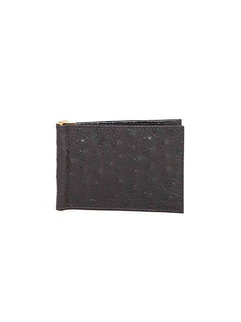 Leather Ostrich Print Metal Money Clip Wallet -Black