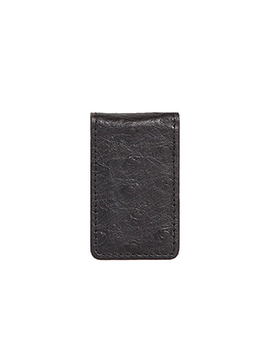 Leather Ostrich Print Magnetic Money Clip -black