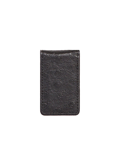 Leather Ostrich Print Magnetic Money Clip -black