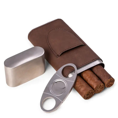 Brown Leather 3 Cigar Case with cutter