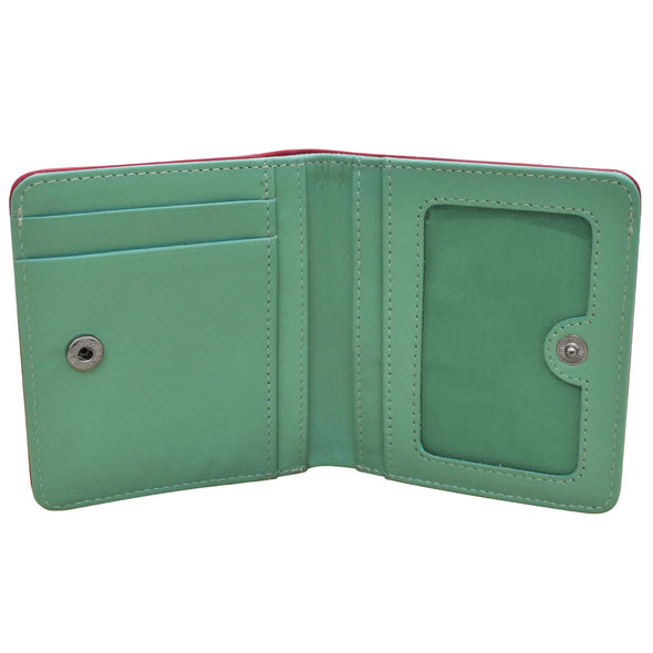 Leather Bifold Mini Wallet with snap-pink/turquoise