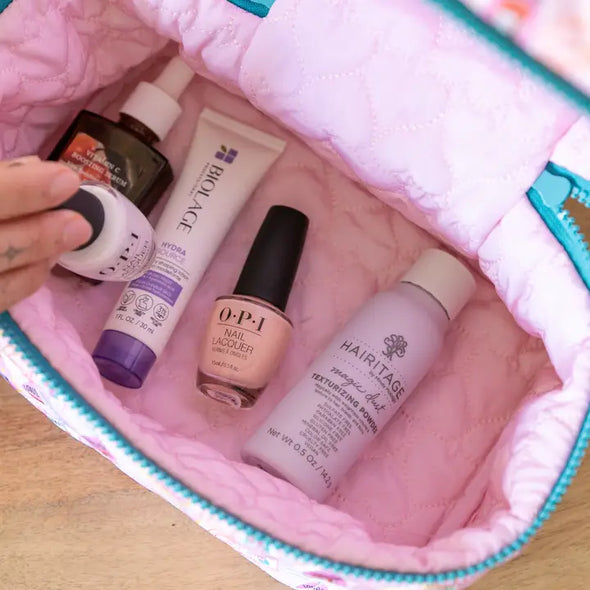 Quilted Cosmetic Travel Case - Passport Stamps Pink