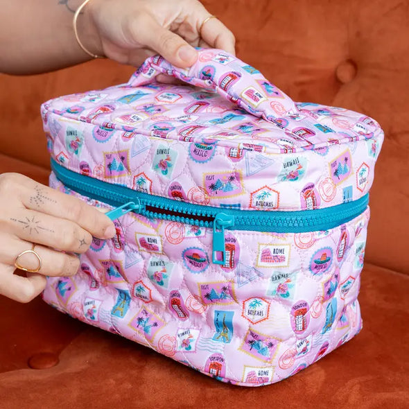 Quilted Cosmetic Travel Case - Passport Stamps Pink