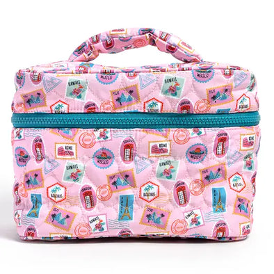 Quilted Cosmetic Travel Case - Passport Stamps Pink