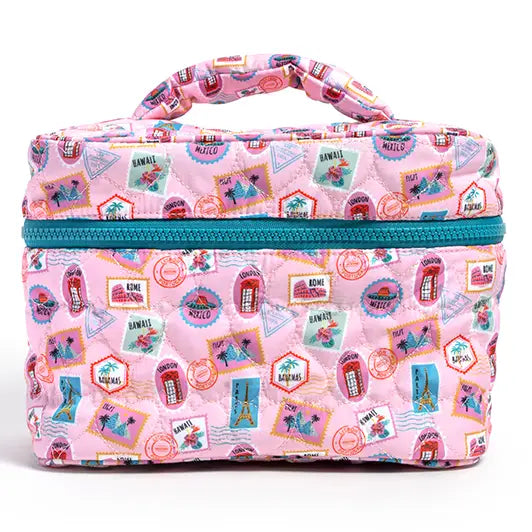 Quilted Cosmetic Travel Case - Passport Stamps Pink