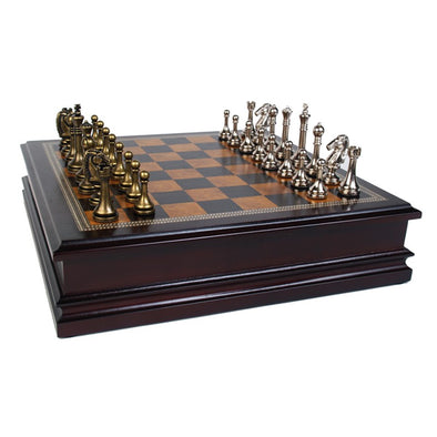 Metal Chessmen with Deluxe 12" Wood Chess Board & Storage