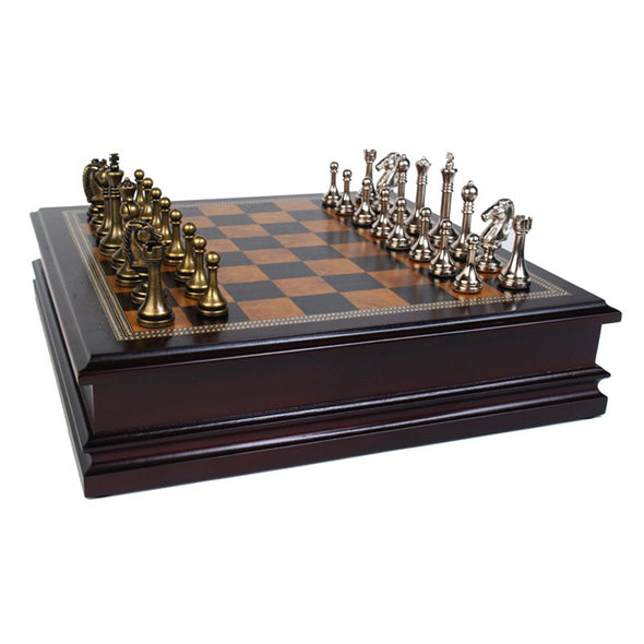 Metal Chessmen with Deluxe 12" Wood Chess Board & Storage