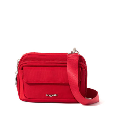 Modern Double Zip Crossbody -Crimson Red Twill