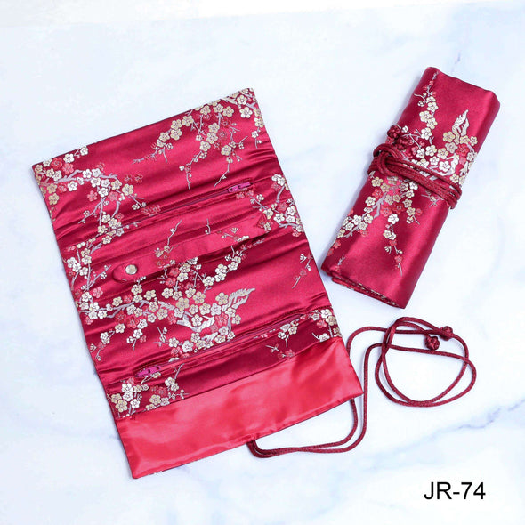 Fabric Jewelry Roll - Burgundy Cherry Blossom