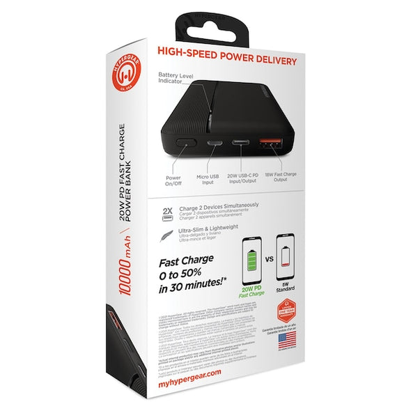 HyperGear 10000mAh Fast Charge Power Bank 20W USB-C and 18W USB