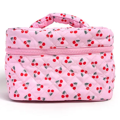 Quilted Cosmetic Travel Case - Red Cherries - Pink
