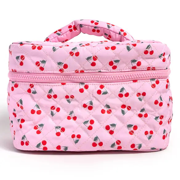 Quilted Cosmetic Travel Case - Red Cherries - Pink