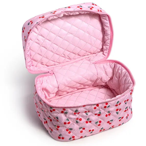 Quilted Cosmetic Travel Case - Red Cherries - Pink