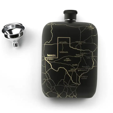 Texas State Map Pocket Flask with Funnel - Matte Black