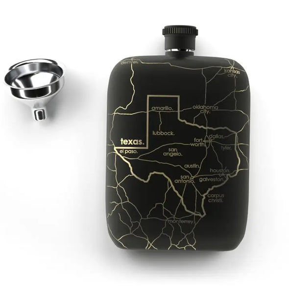 Texas State Map Pocket Flask with Funnel - Matte Black