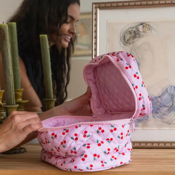 Quilted Cosmetic Travel Case - Red Cherries - Pink