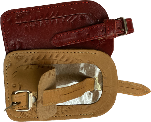 Tooled Leather Luggage Tag-red