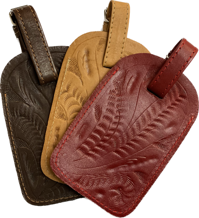 Tooled Leather Luggage Tag-red