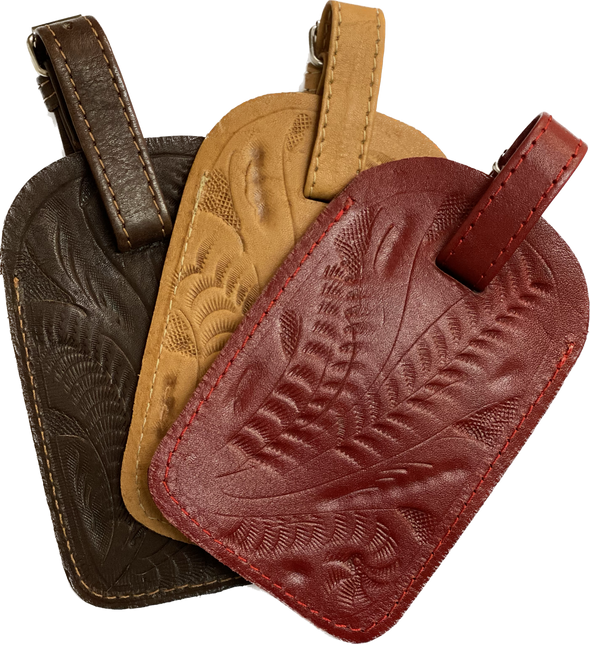 Tooled Leather Luggage Tag-red