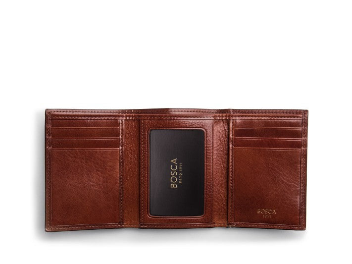 Bosca Men's Double ID Trifold Wallet - RFID Blocking, Dolce Leather, 4" X 3.25", 6 Card Slots + 2 ID Windows